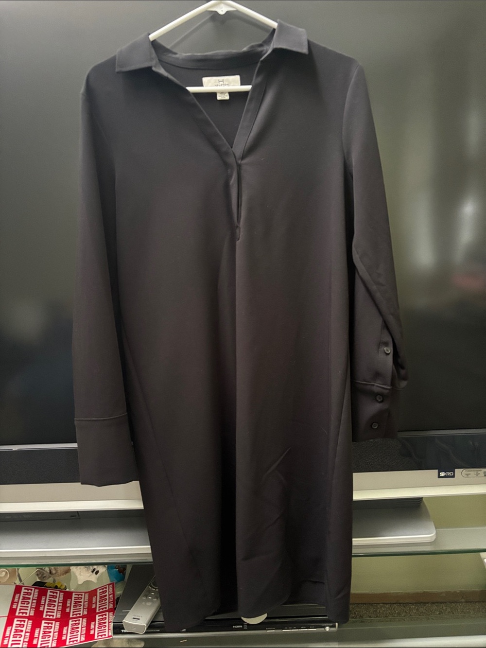 Halston Heritage Black Long-Sleeve Collared Shirt Dress Sz Small Petite
